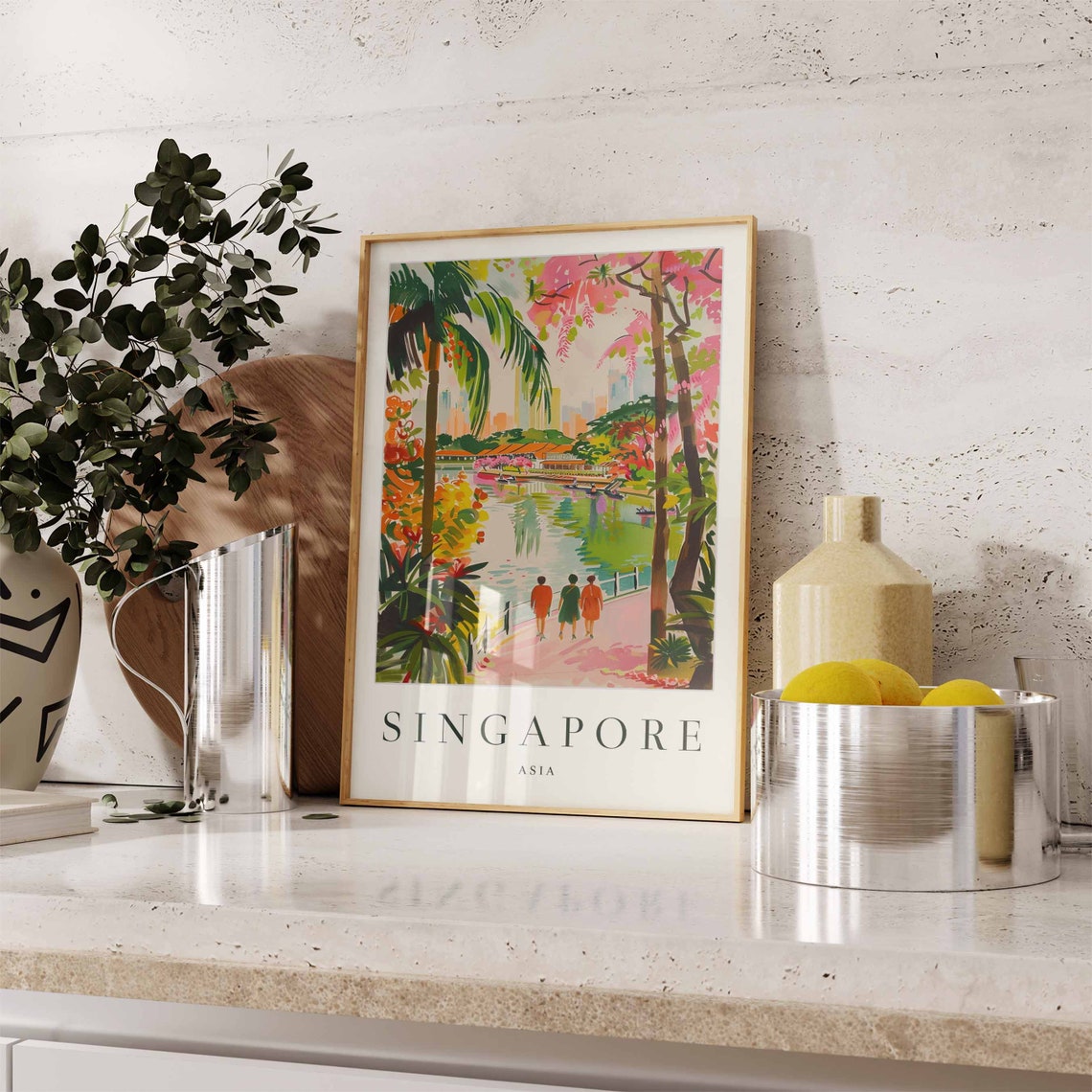 Singapore Asia Tropical Park Lake and City Skyline Botanical Poster - Image 3