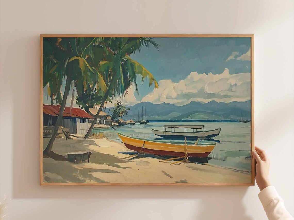 Cebu Fishing Beach Boats Palm Trees Huts Mountain Scenic Art Poster