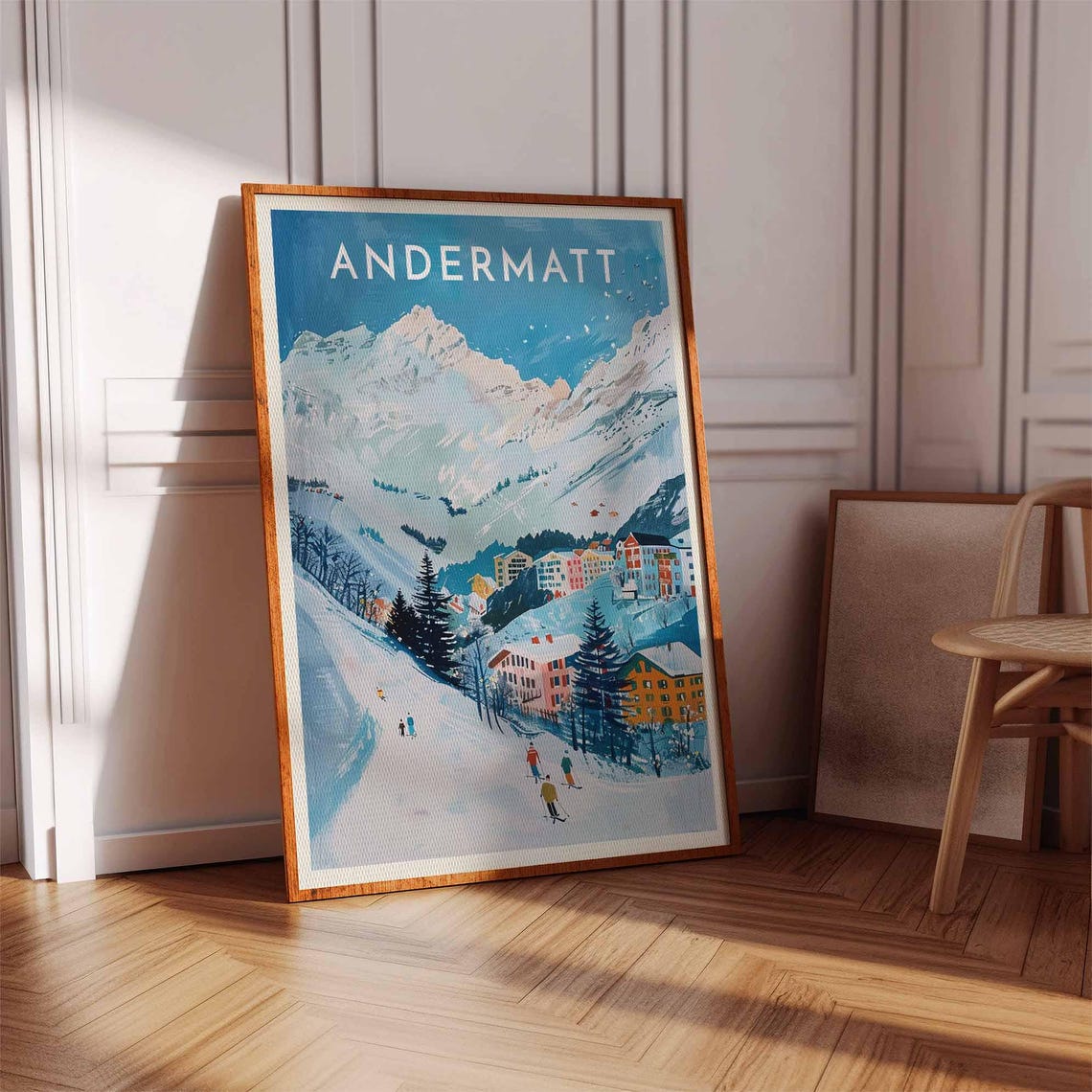 Andermatt Switzerland Skiers Descending Slope Colorful Valley Poster - Image 2