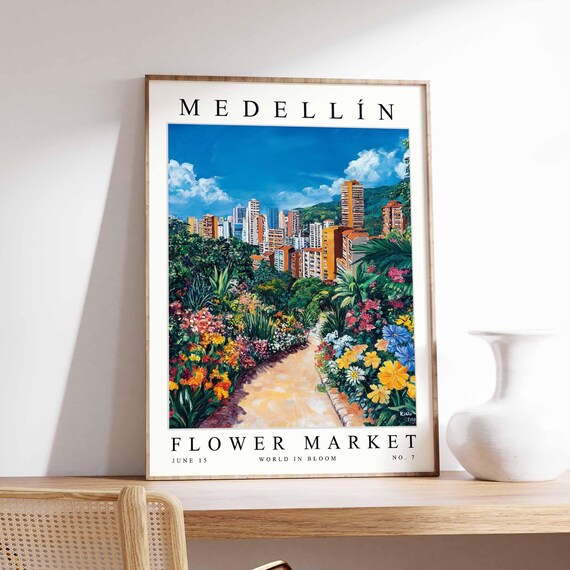Medellin Colombia Flower Market Poster Modern Skyline Blooming Garden Art