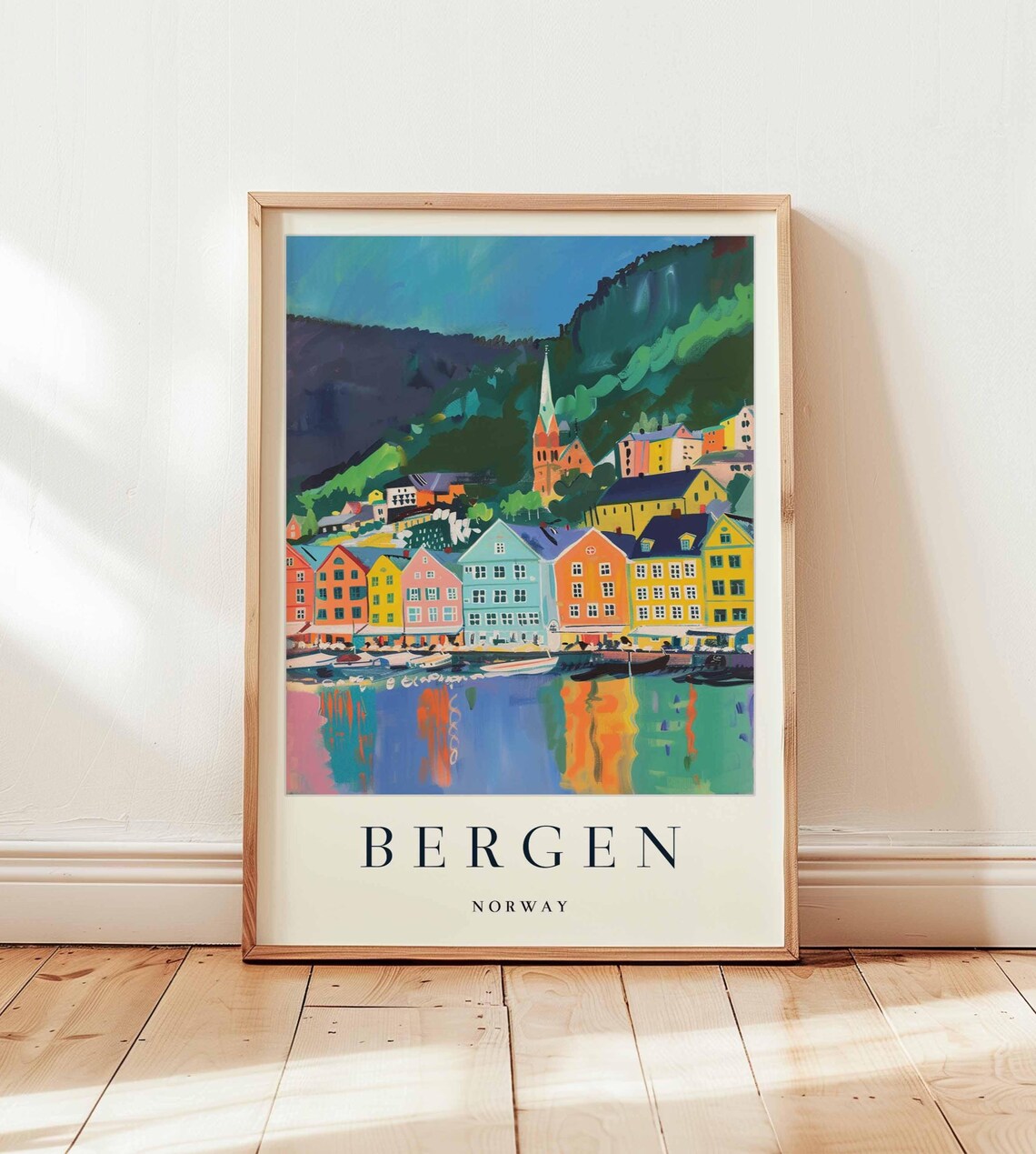 Bergen Norway Travel Poster, Scandinavian Fjord City