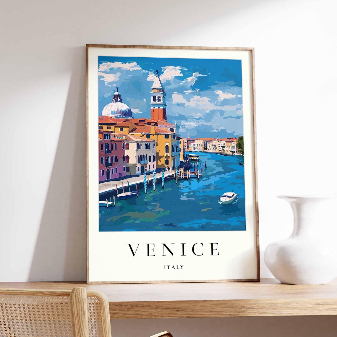 Venice Italy Canal Harbor Bell Tower Dome and Boats Travel Poster