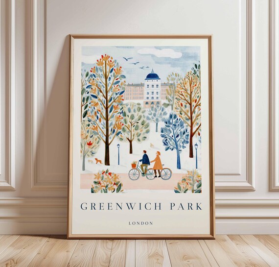Greenwich Park London Autumn Couple Cycling Park Scene Poster