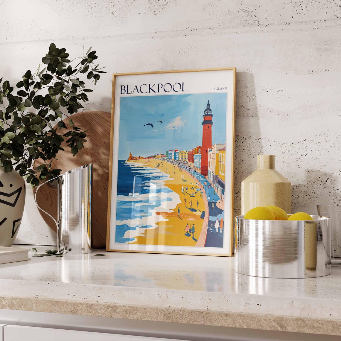 Blackpool England Beach Scene With Red Tower and Seagulls Poster - Image 2