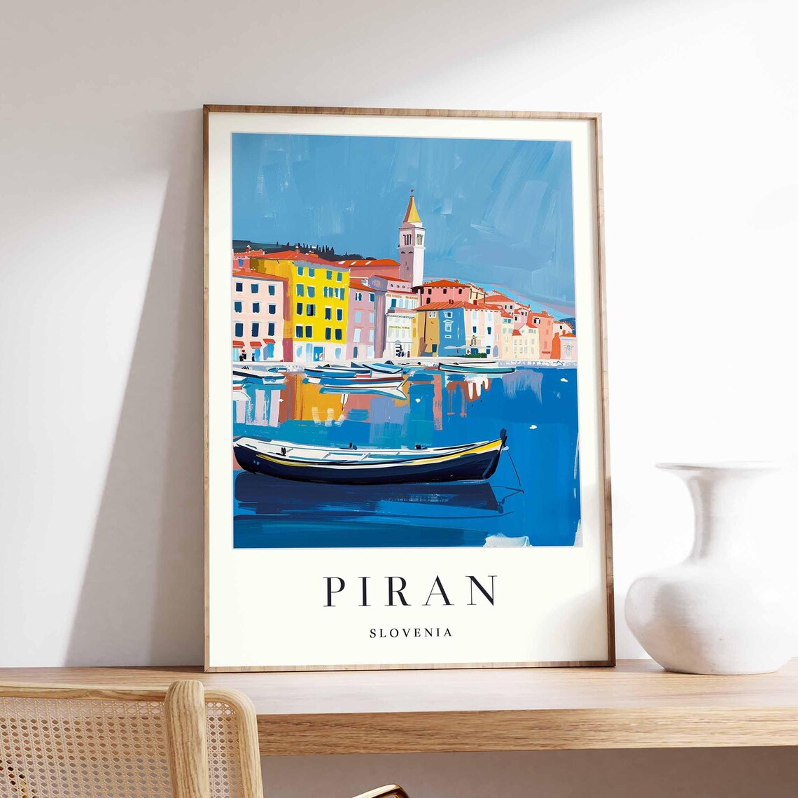 Piran Slovenia Harbor Reflections Rowboats Colorful Waterfront Poster