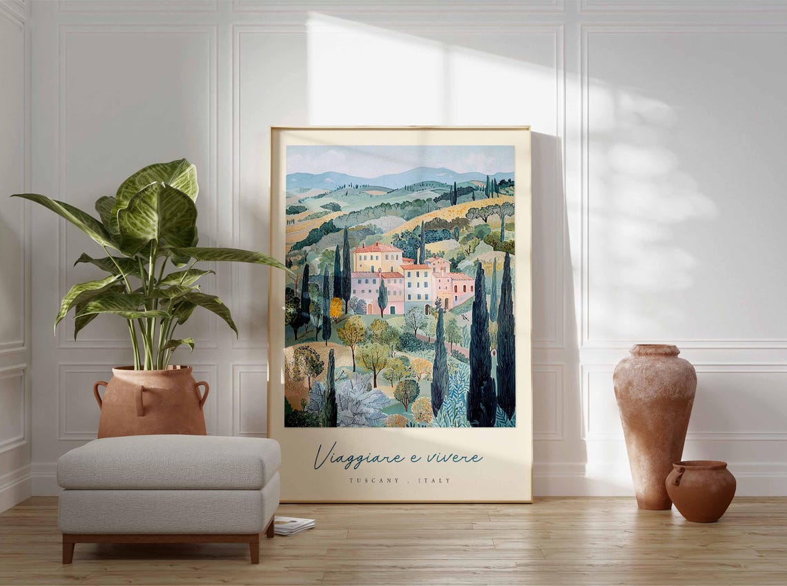 Tuscany Watercolor Hill Town Viaggiare E Vivere Cypress Italy Poster - Image 3