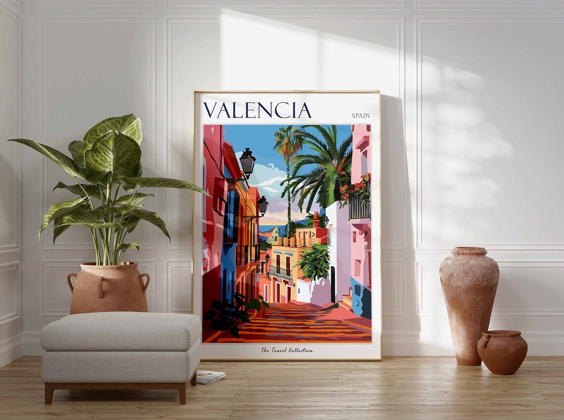 Valencia Spain Colorful Old Town Street Palms Sunset Art Poster - Image 3