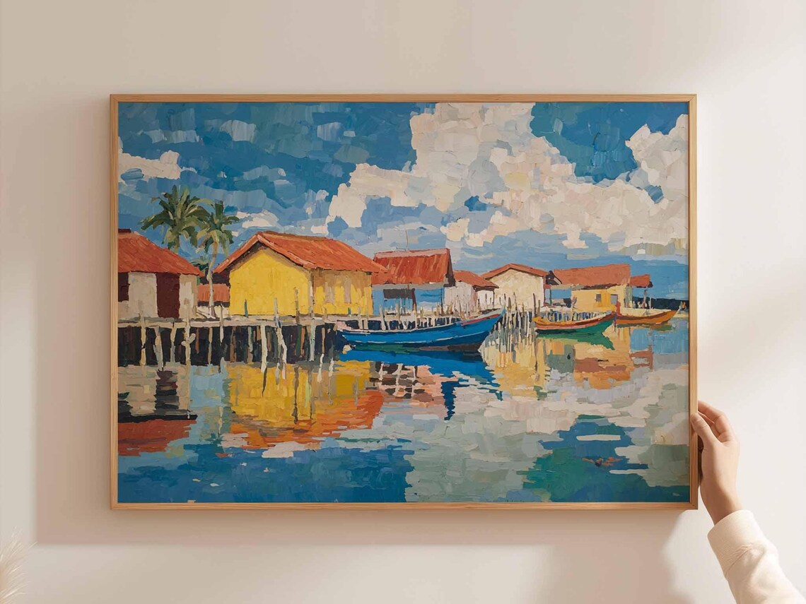 Cebu Fishing Village Stilt Houses Boats Water Reflection Art Poster