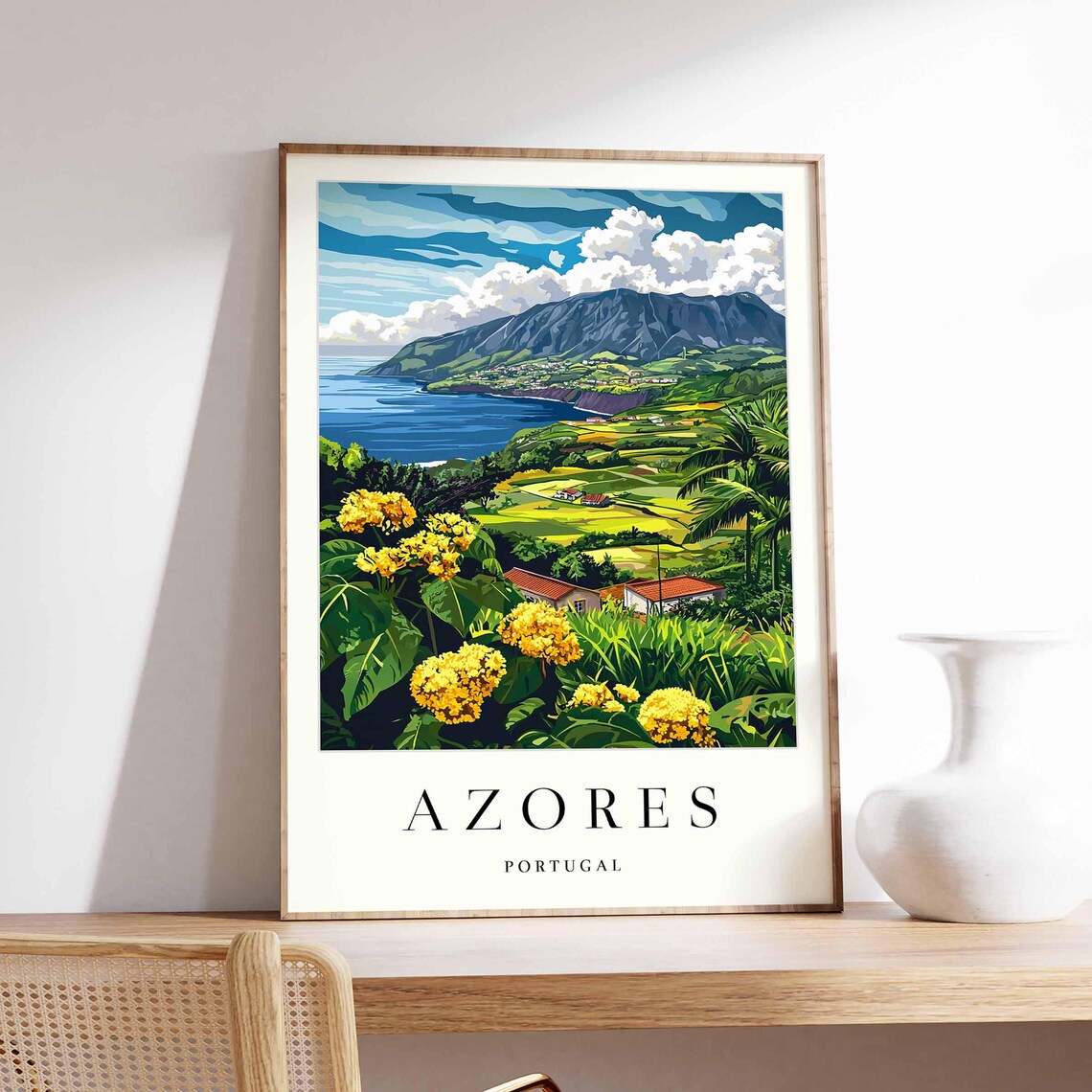 Azores Portugal Mountain Coast Yellow Flowers Travel Poster Art
