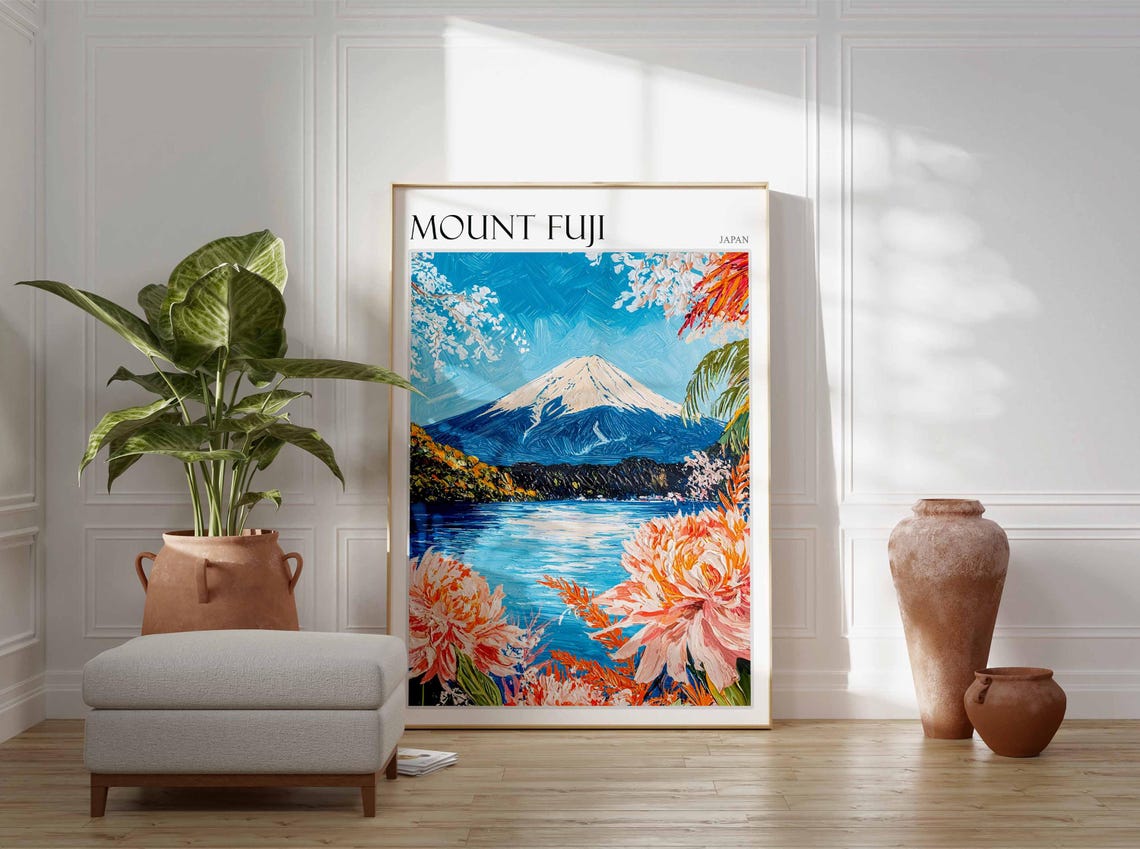 Mount Fuji Japan Cherry Blossoms and Peonies by the Lake Travel Poster - Image 3