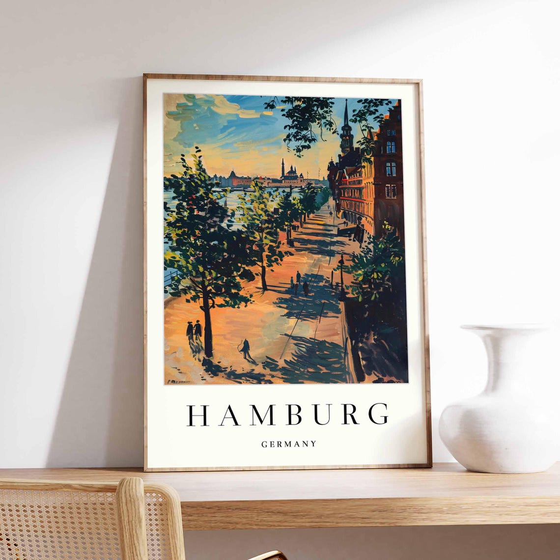 Hamburg Germany Sunset Riverside Tree Shadows Street Travel Poster