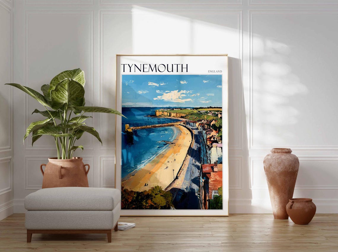 Tynemouth Long Beach Pier Aerial Coastal Town Painterly England Poster - Image 2