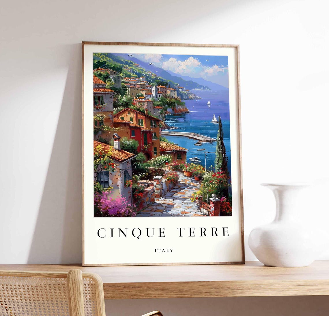 Cinque Terre Flower Lane Cobblestone Path To Sea Italy Travel Poster