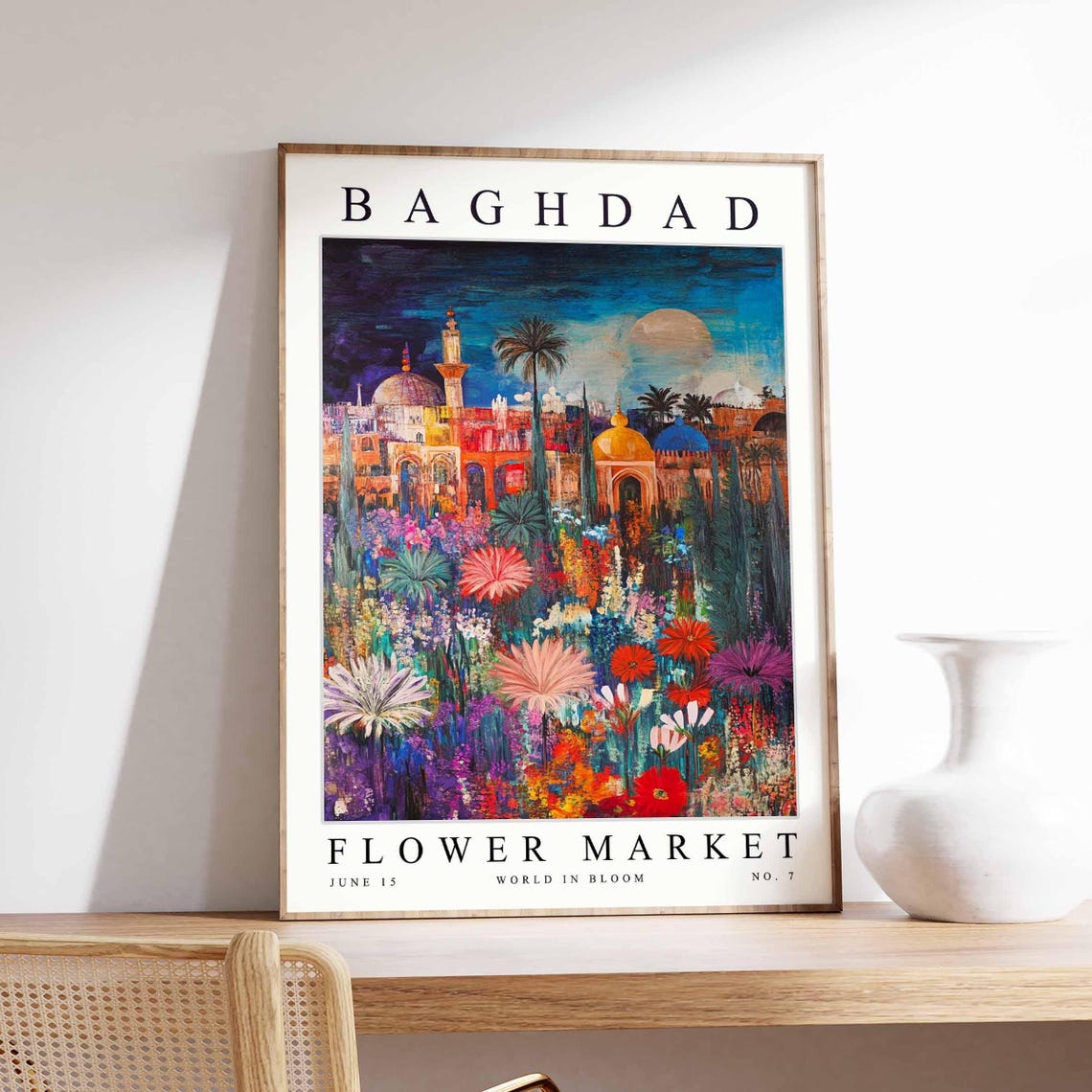 Baghdad Moonlit Old Town Colorful Night Flower Garden Poster