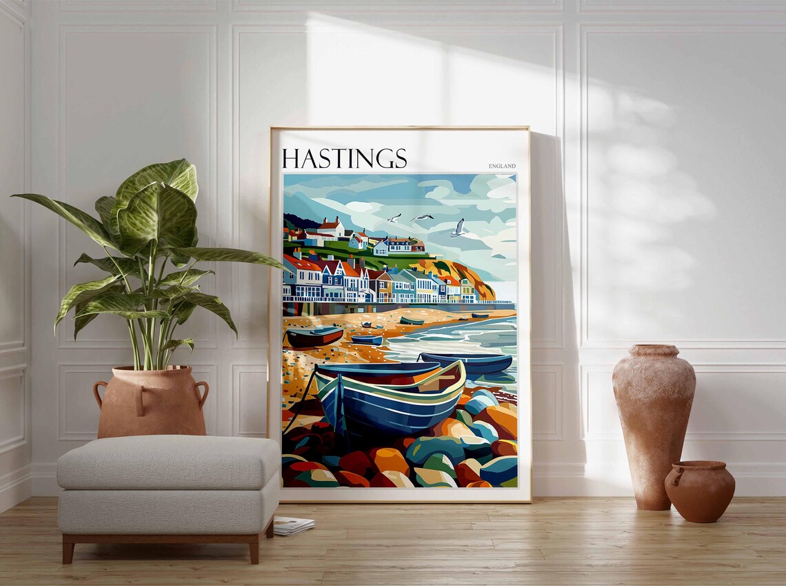 Hastings Pebble Beach Rowboats Colorful Houses Hillside Town Travel Poster - Image 3