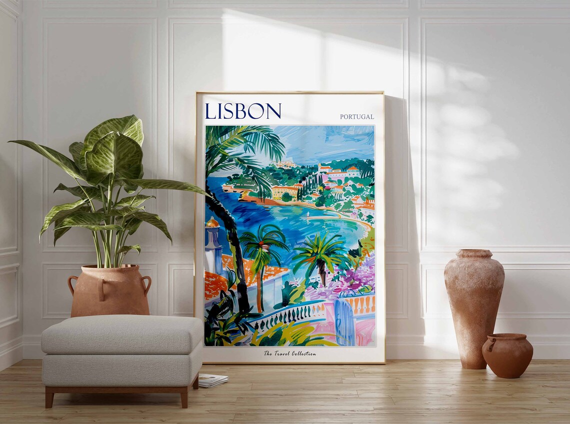 Lisbon Portugal Tropical Bay Travel Poster with Palm Trees and Sea - Image 2