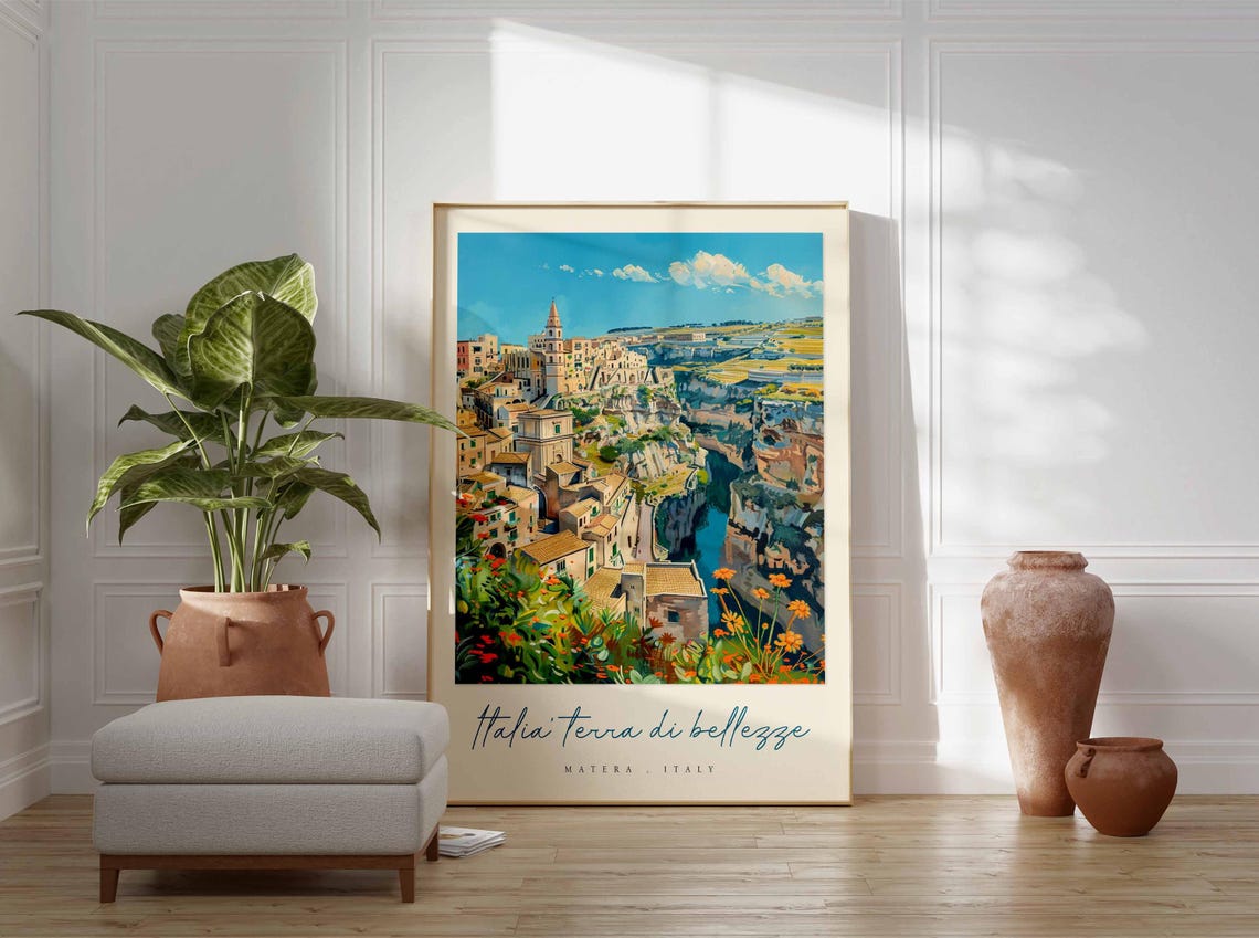 Matera Italy Sassi Cave Town Ravine Wildflowers Travel Poster - Image 3