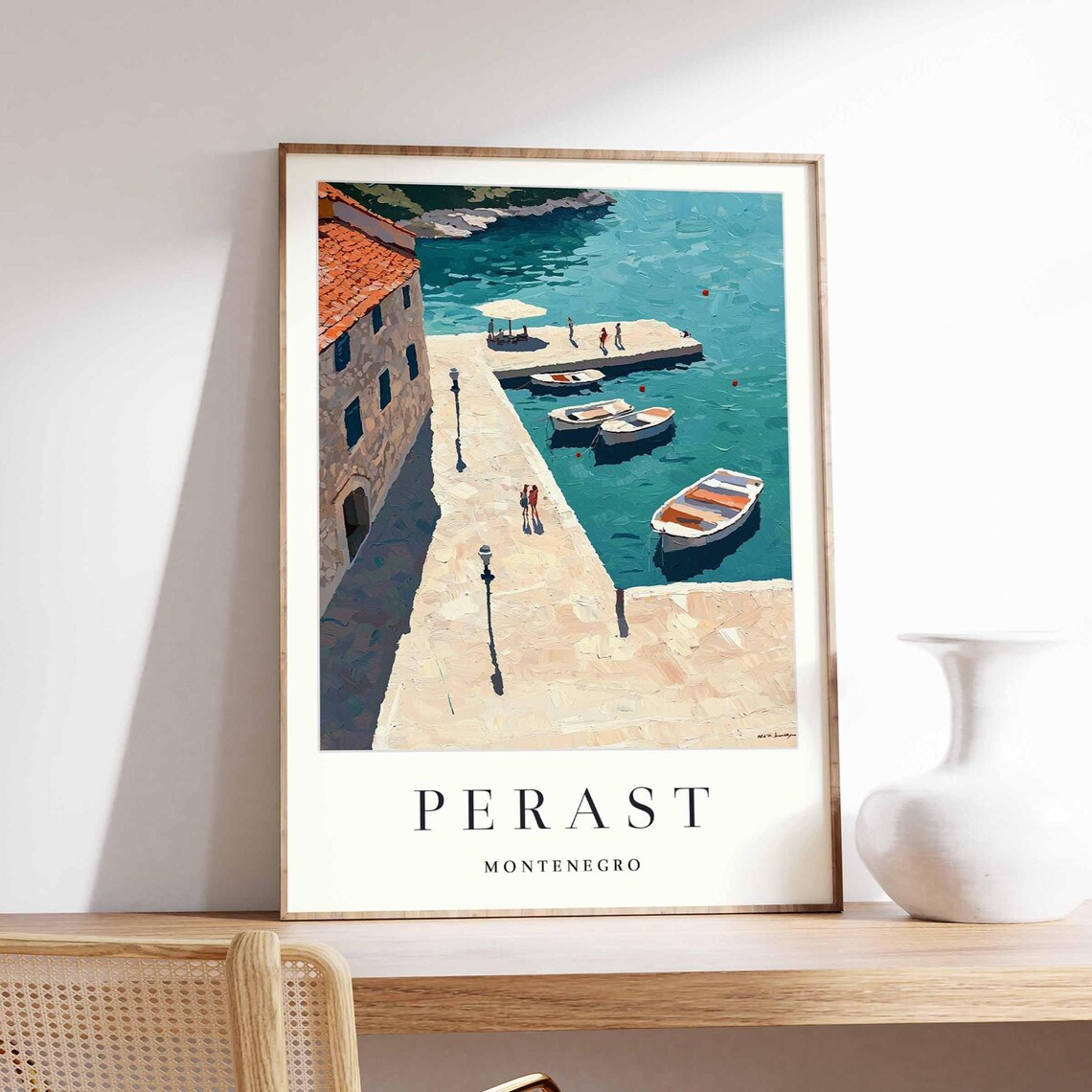 Perast Montenegro Stone Pier Turquoise Water Wooden Boats Poster