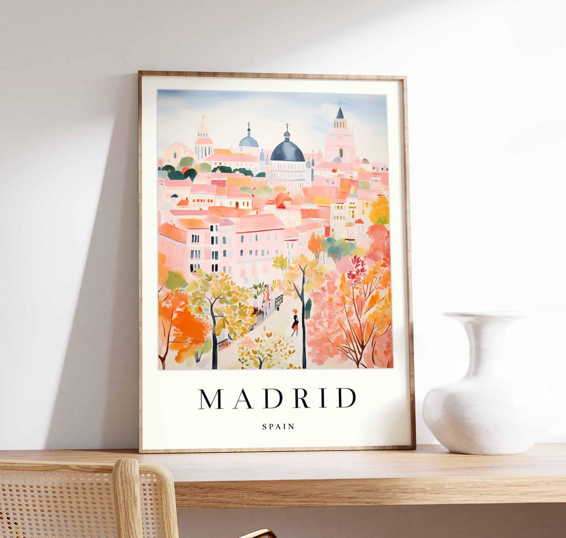 Madrid Spain Pastel Cityscape Autumn Trees Domes Travel Poster
