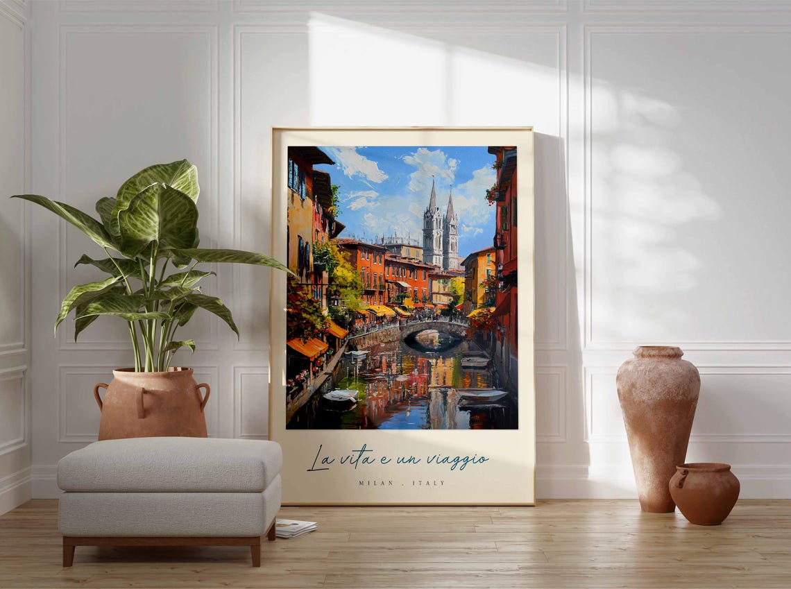 Milan Italy Canal Boats Bridge Twin Spires Art Travel Poster - Image 3