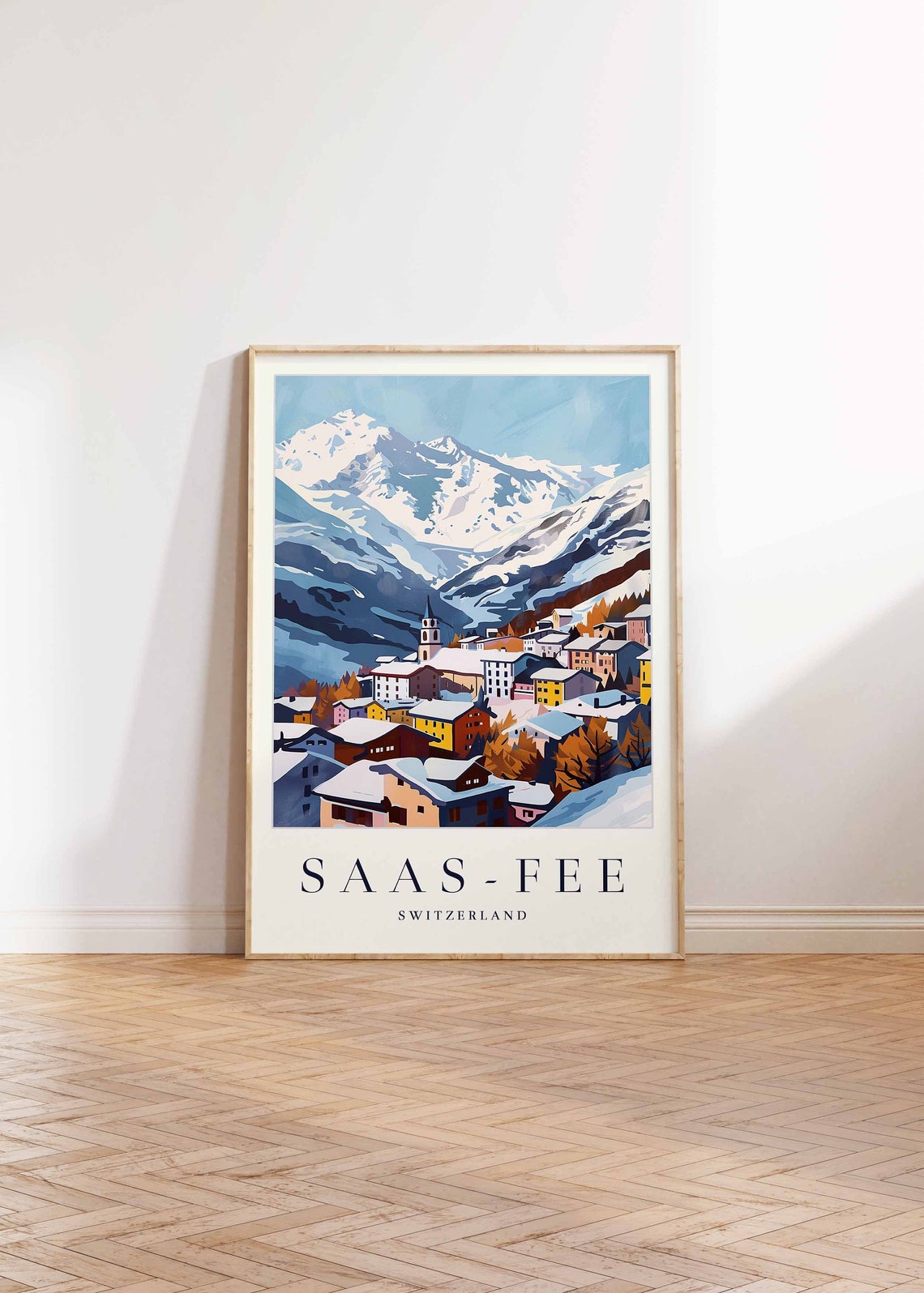 Saas Fee Switzerland Colourful Village Snowy Peaks Alpine View Poster - Image 2