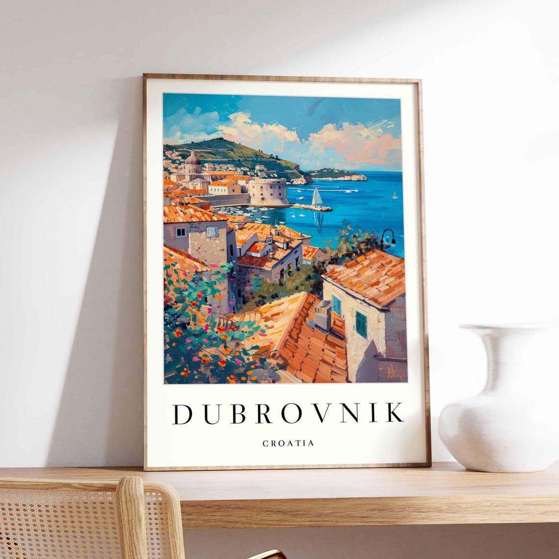 Dubrovnik Croatia Old Town Harbor Red Roofs Coastal Travel Poster