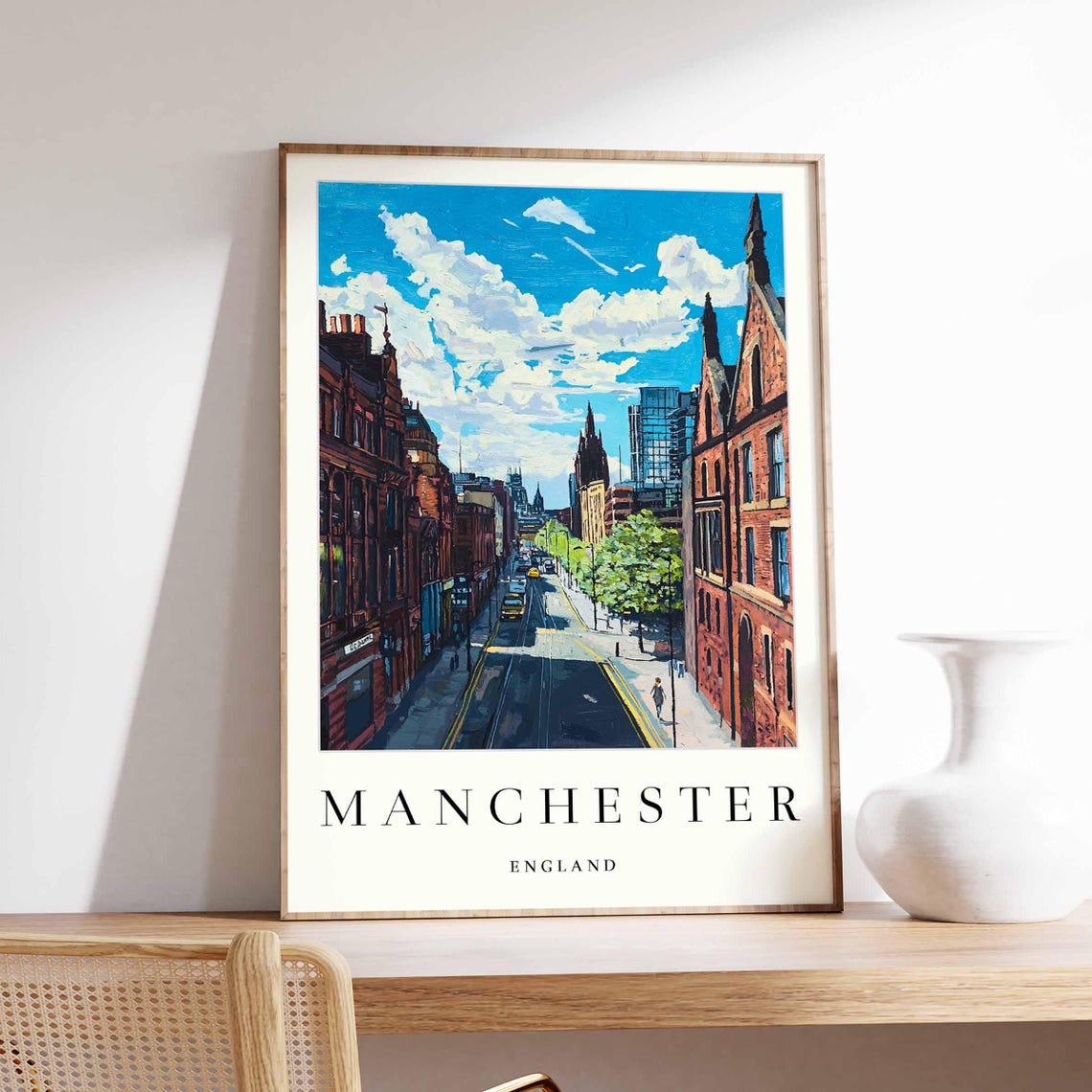 Manchester England Red Brick Victorian Street Tram Track Poster