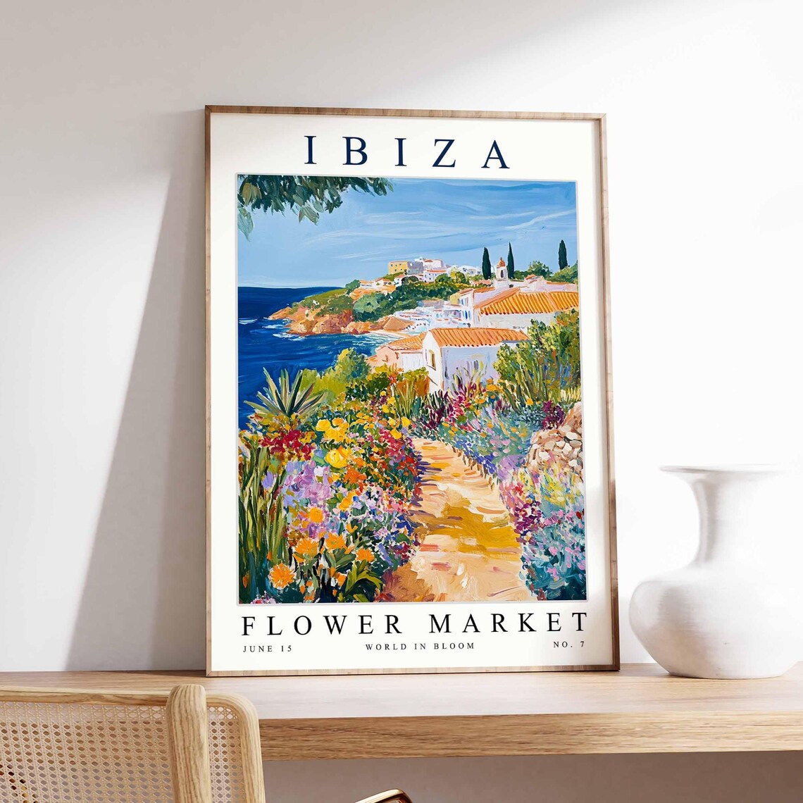Ibiza Flower Market Seaside Village Cliff Garden Path Art Poster