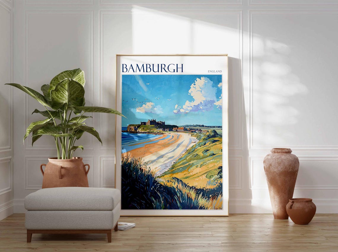 Bamburgh England Castle Headland Curved Beach and Seabirds Poster - Image 3