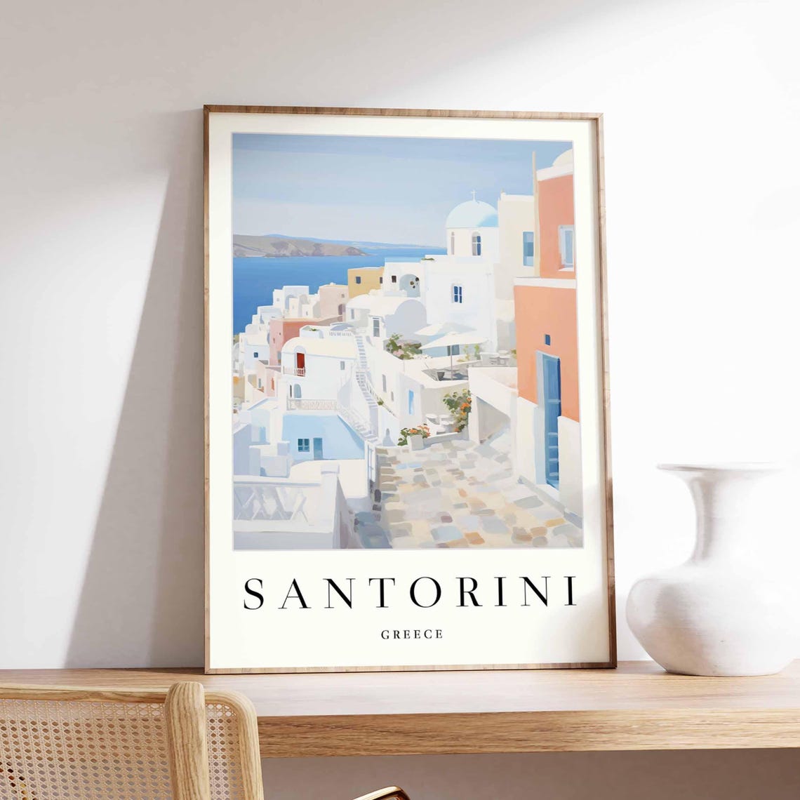 Santorini Greece Pastel Whitewashed Village Coastal Travel Poster