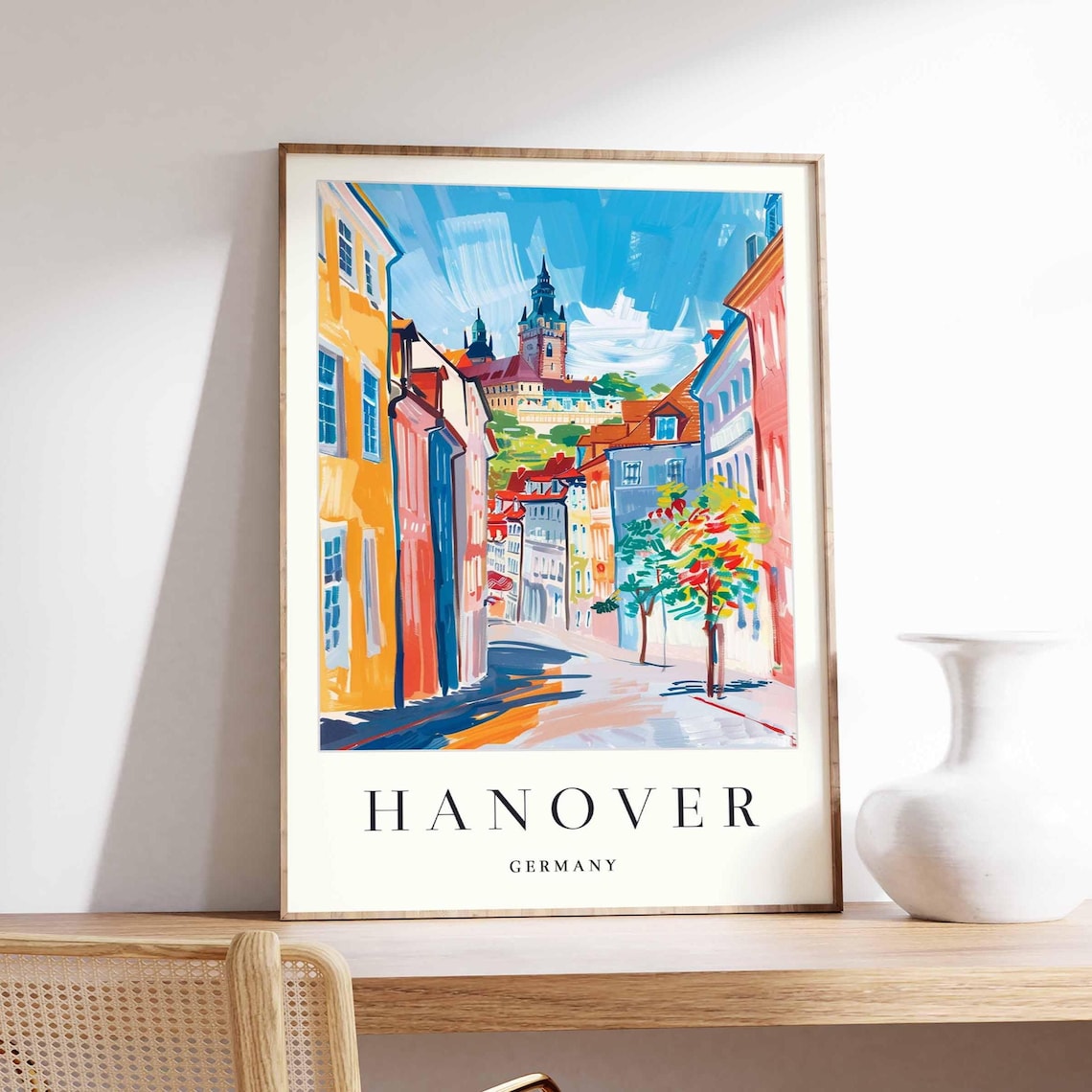 Hanover Germany Colorful Old Town Street Watercolor Travel Poster