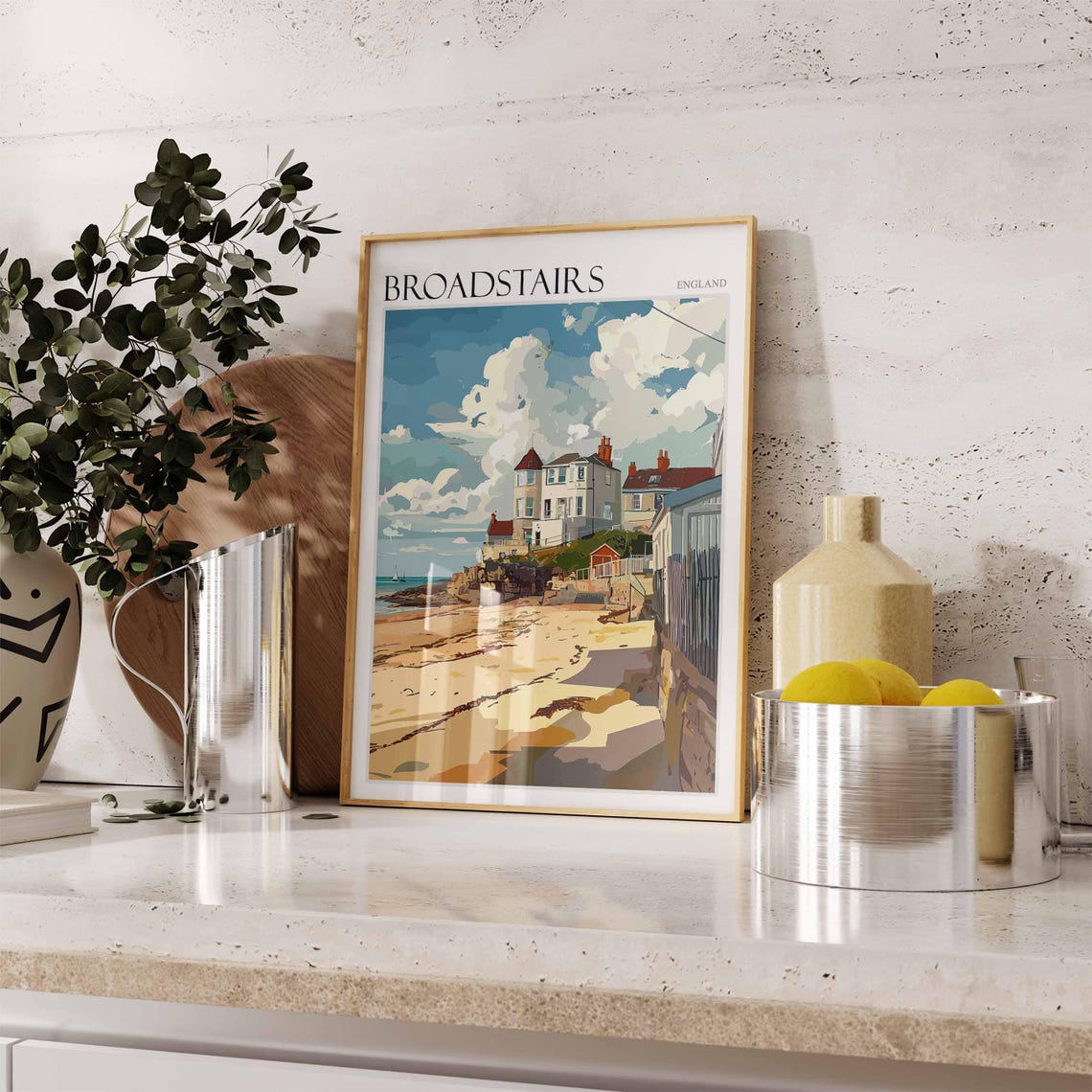 Broadstairs Kent Sunny Beach Under Dramatic Clouds Flat Art Poster - Image 2
