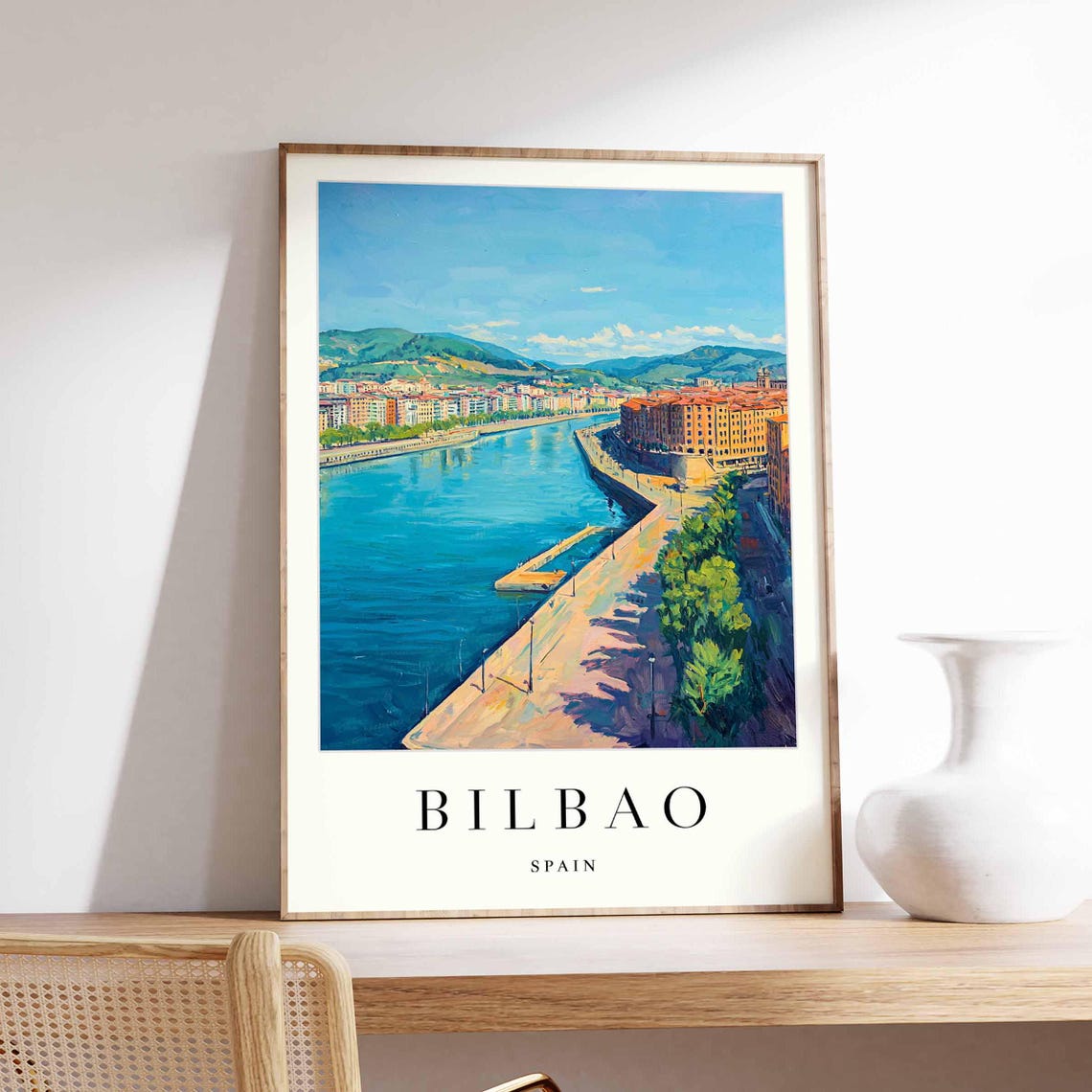 Bilbao Spain River Promenade Hills Travel Poster Basque Cityscape