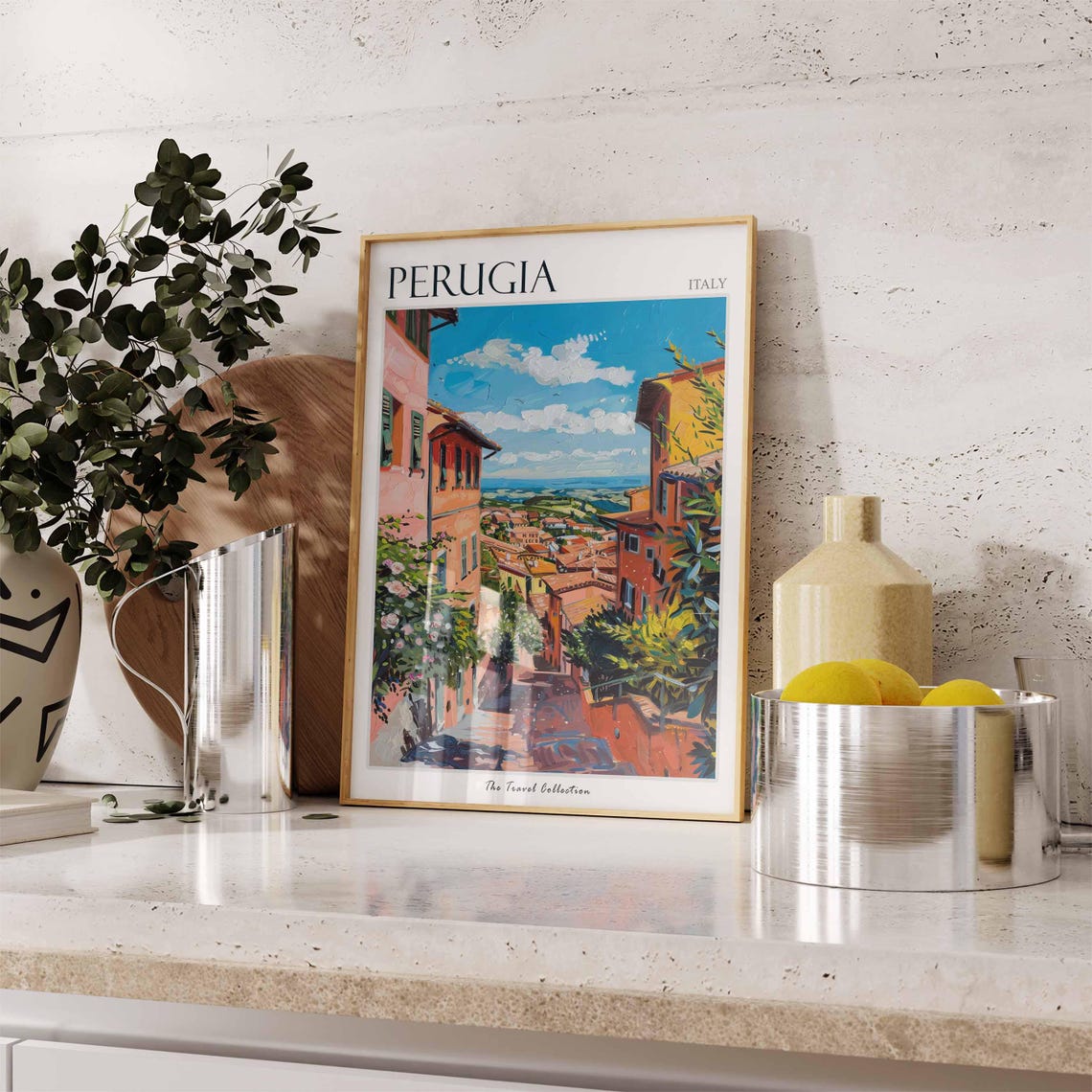 Perugia Italy Sunlit Street Descending Valley View Travel Poster - Image 3