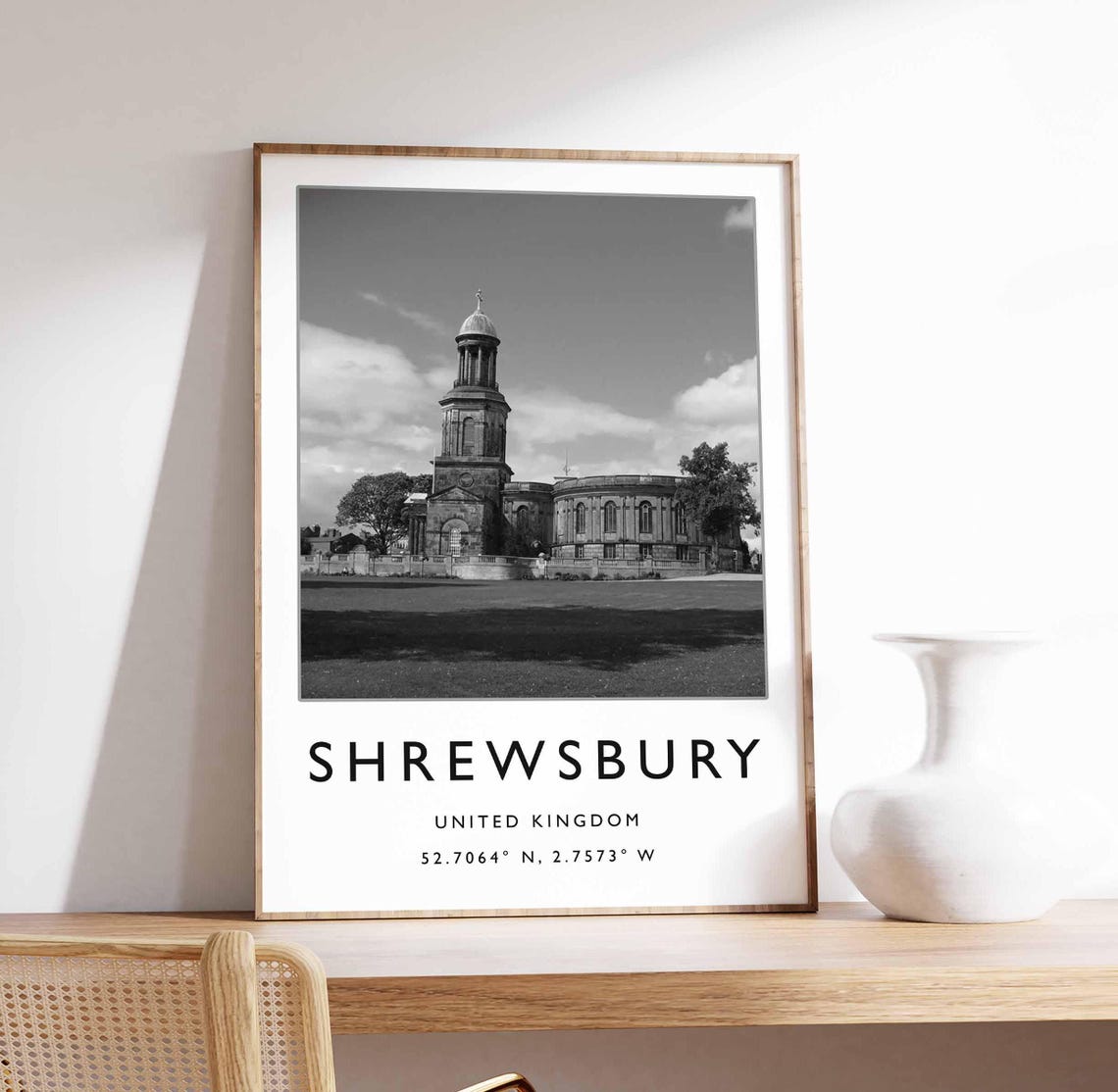 Shrewsbury United Kingdom Black and White Church Tower Photo Poster
