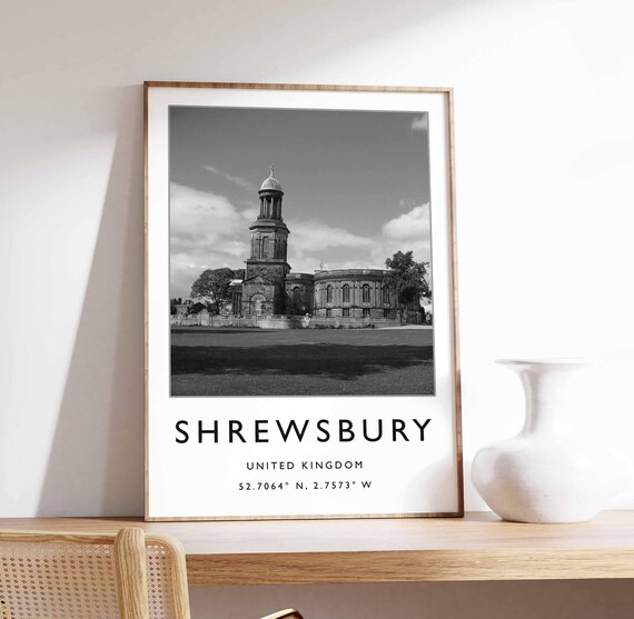 Shrewsbury United Kingdom Black and White Church Tower Photo Poster