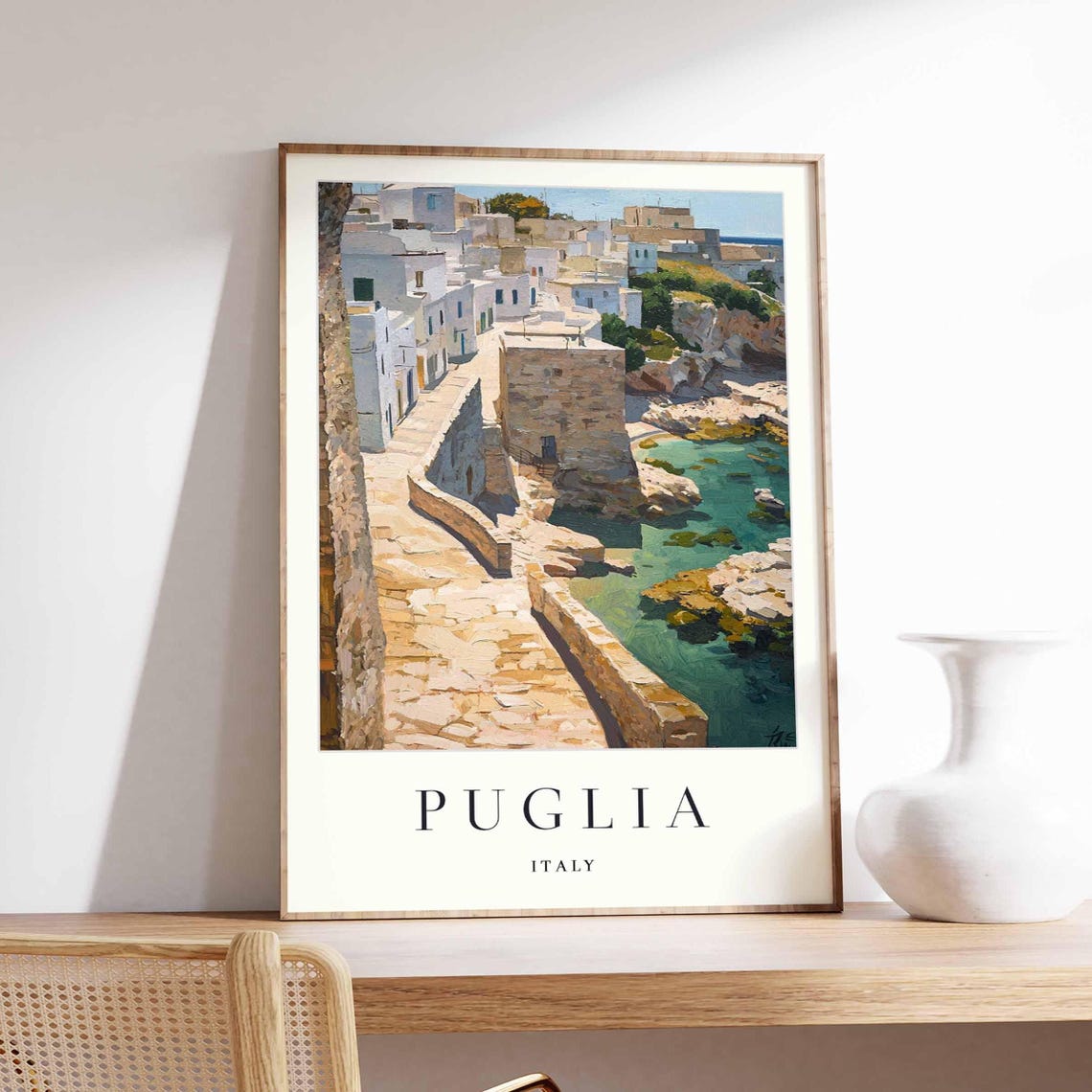Puglia Italy Cliffside Village Stone Causeway Turquoise Sea Poster