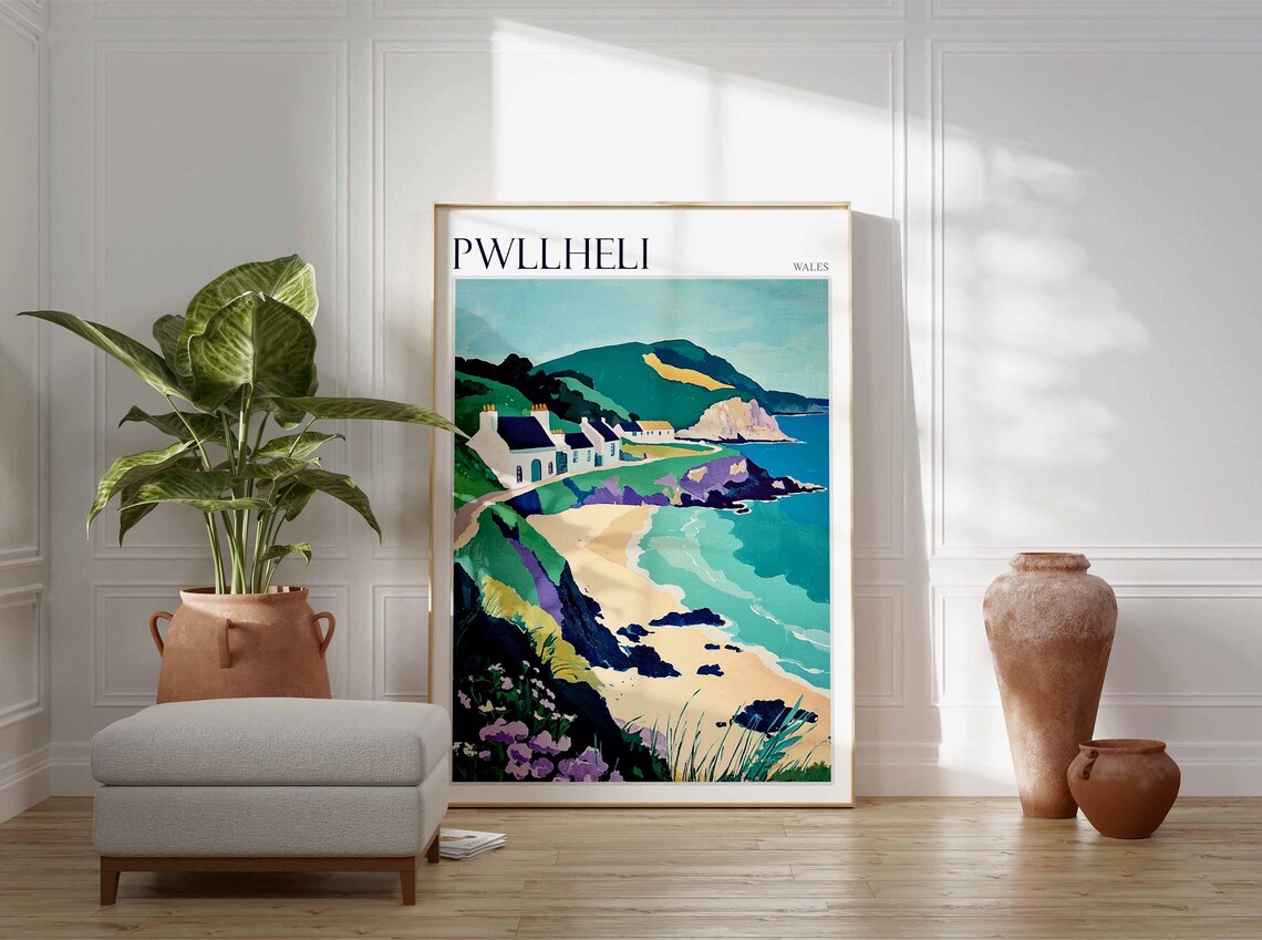 Pwllheli Wales White Cottages Sandy Cove Green Cliffs Wildflowers Poster - Image 4