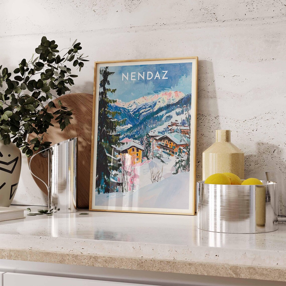 Nendaz Switzerland Colorful Village Pines Pink Peak Alpine Travel Poster - Image 2