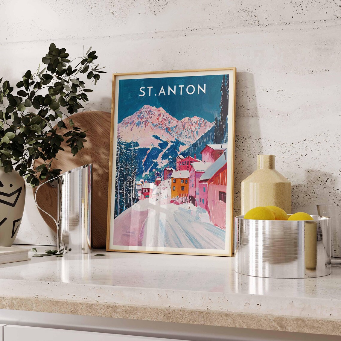 St Anton Austria Snowy Village Street Mountain Peak Scene Poster - Image 2