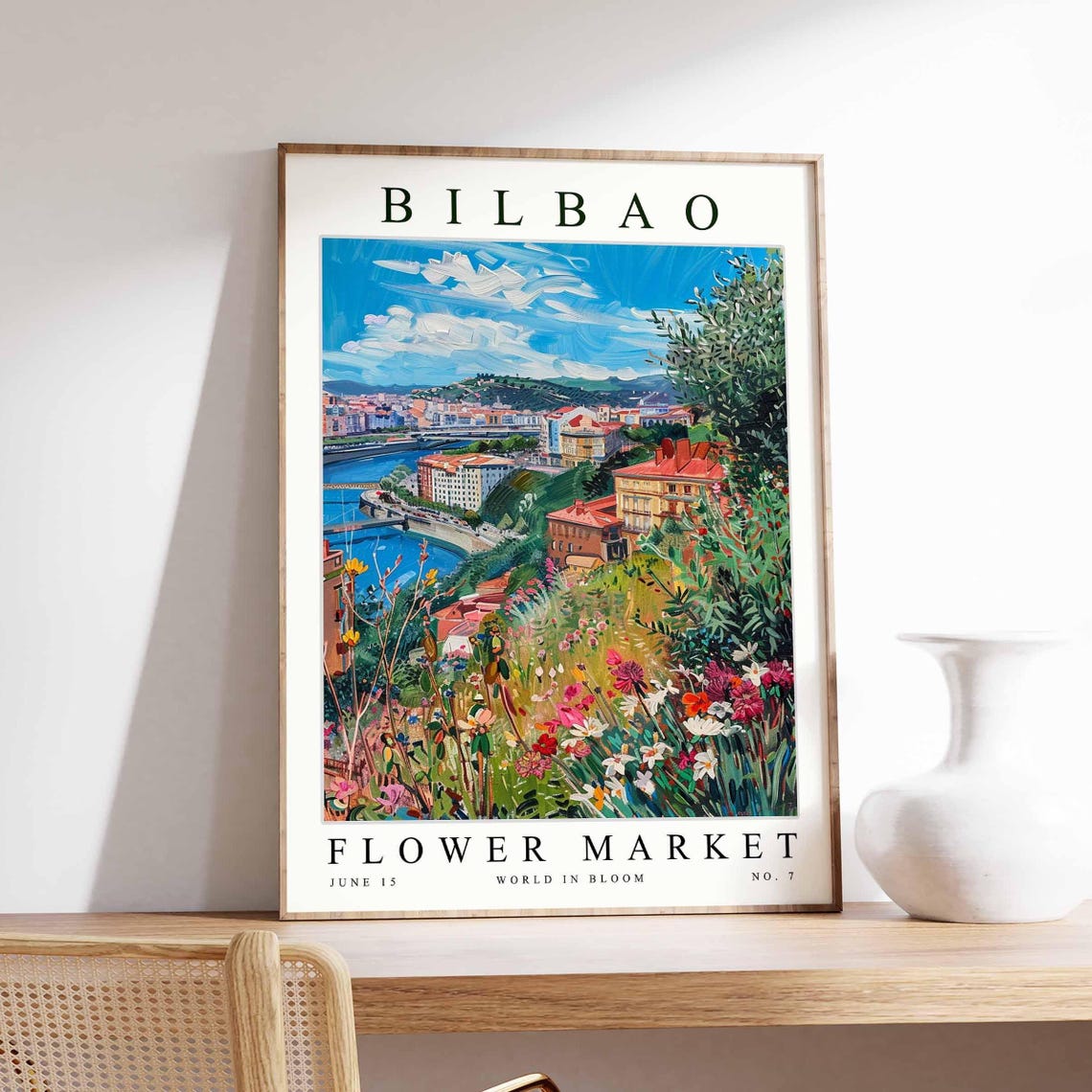 Bilbao Flower Market Hilltop View River Bridge Mixed Bloom Poster