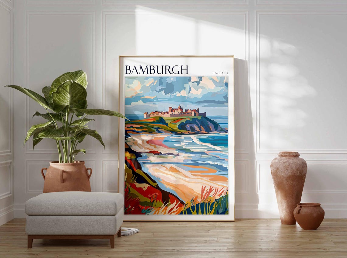 Bamburgh England Historic Castle Cliff Beach Waves Shore Poster - Image 2