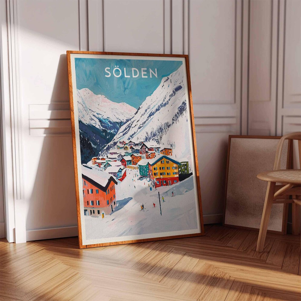 Sölden Colorful Chalet Village Street Under Snowy Alps Poster - Image 3