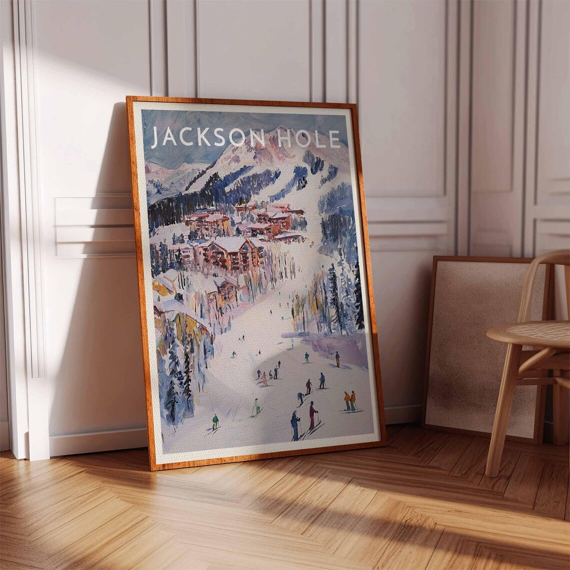 Jackson Hole Ski Resort Watercolor Poster with Skiers on Snowy Slopes - Image 2