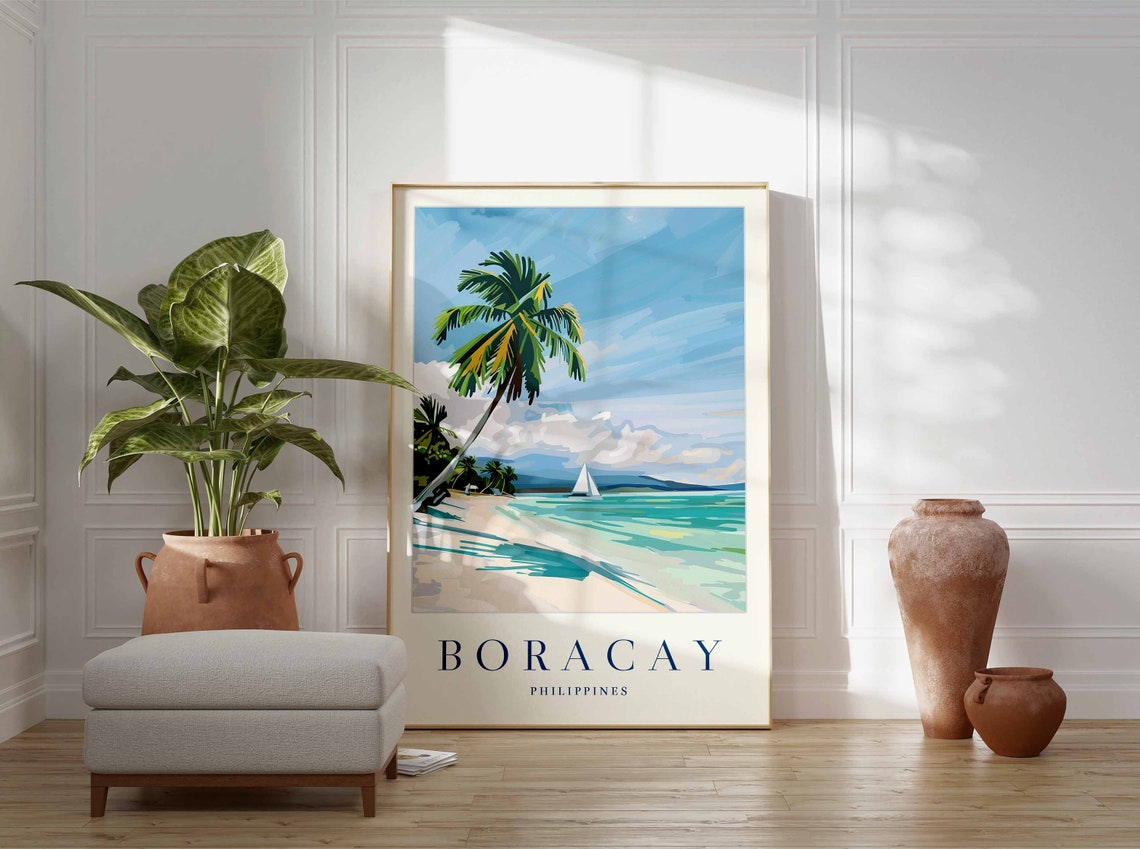 Boracay White Sand Beach Palm Tree Sailboat Philippines Poster - Image 3