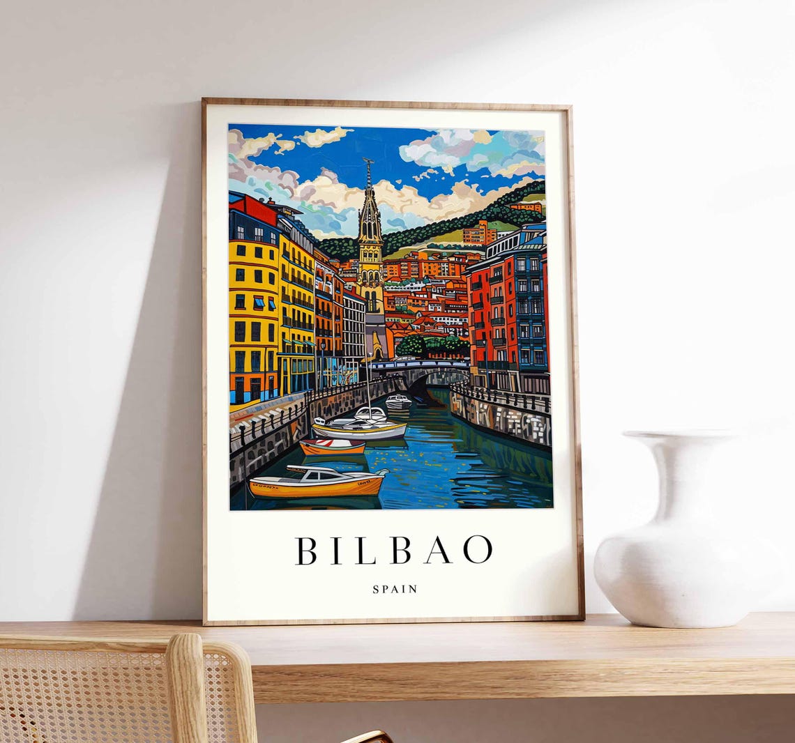 Bilbao Spain Canal Boats Tower Travel Poster Basque Waterfront Art