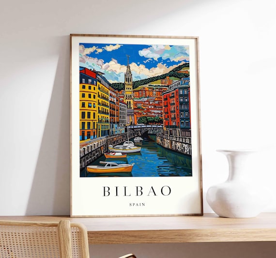 Bilbao Spain Canal Boats Tower Travel Poster Basque Waterfront Art