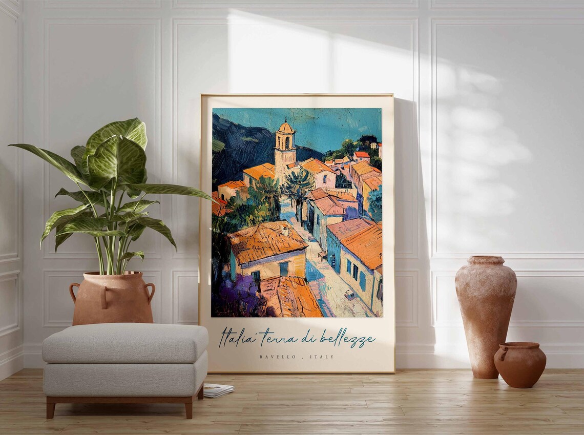 Ravello Italy Aerial Village Bell Tower Bold Oil Painting Poster - Image 3