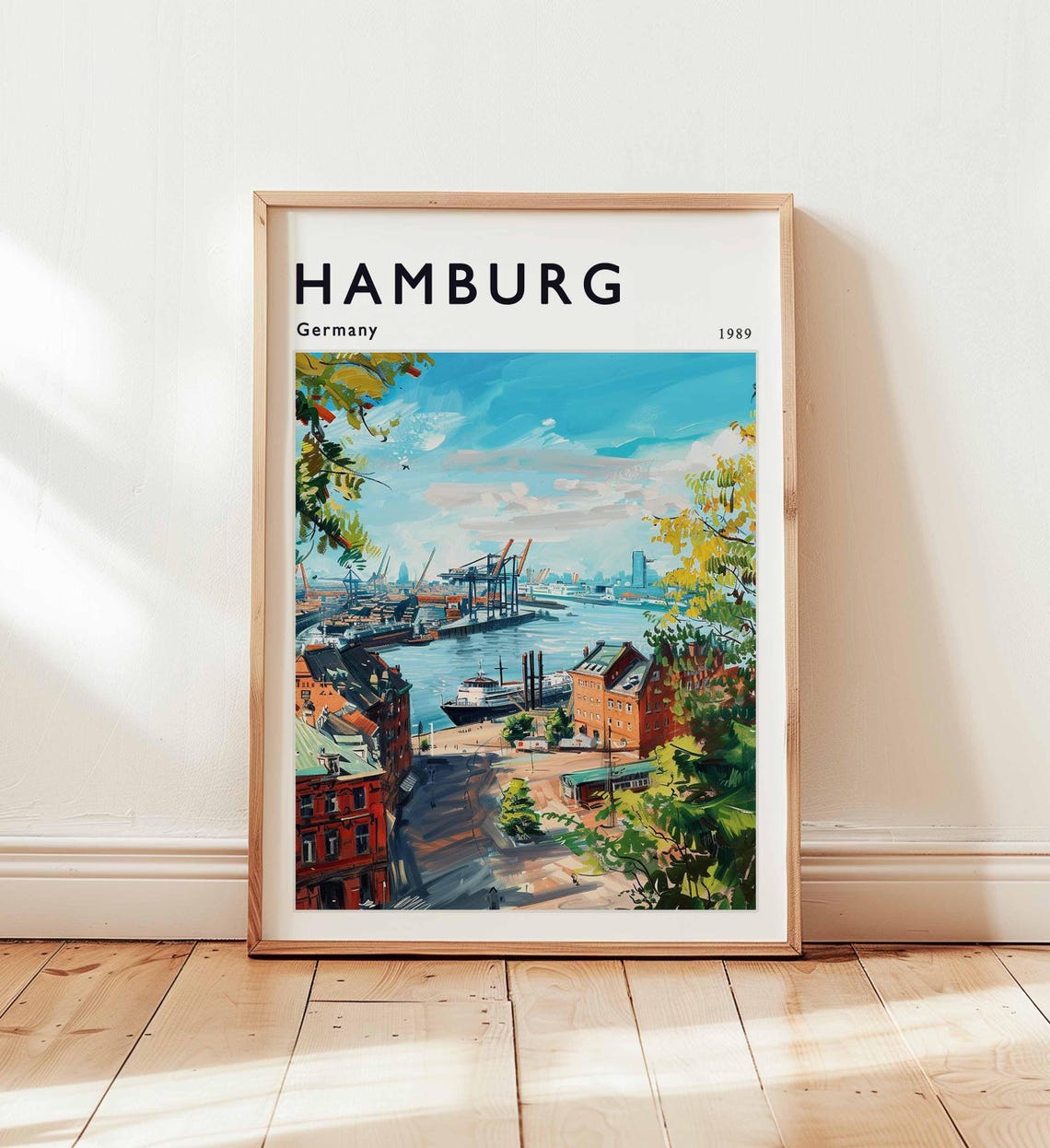 Hamburg Germany 1989 Harbor Cranes River View Travel Art Poster