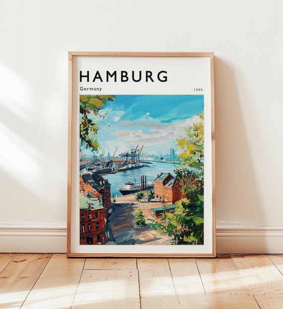 Hamburg Germany 1989 Harbor Cranes River View Travel Art Poster
